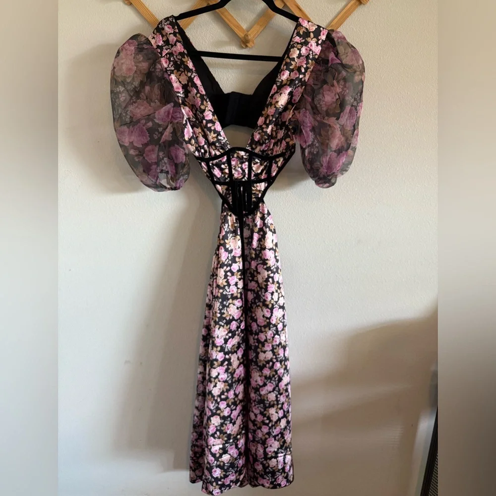 For Love And Lemons Black and Pink Floral Midi Dress - Picture 3 of 5